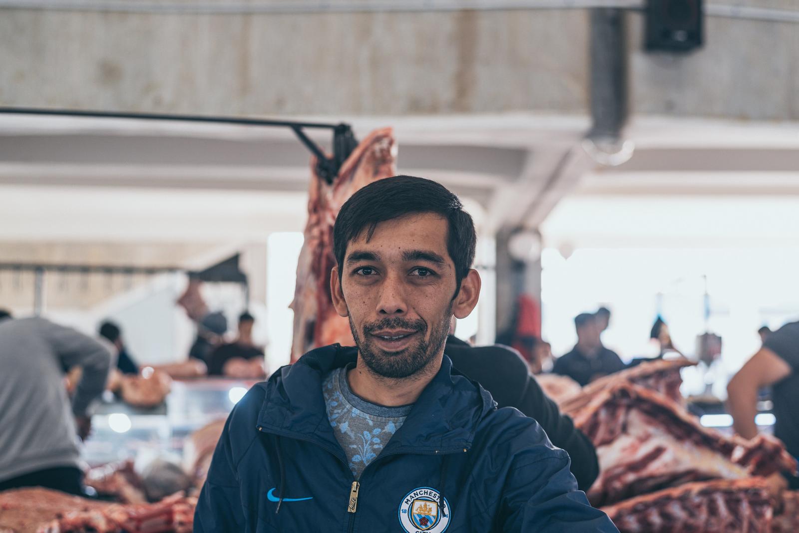 Men in Chorsu Bazaar, at Butcheries and Kebab Stall